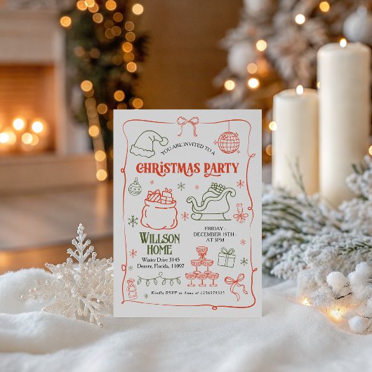Retro Doodle Kerstfeest Uitnodiging