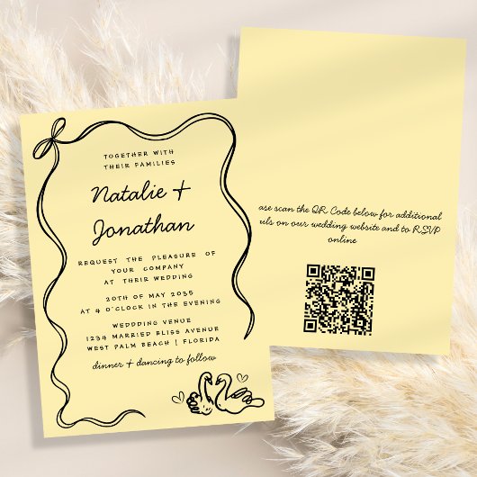 Retro Doodle Zwanen Geel Zwart QR Code Trouwen Kaart