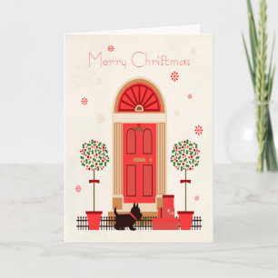 Retro Doorway met Black Terrier Dog voor Kerstmis Feestdagen Kaart