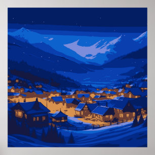 Retro dorpsgebergte Blauw Goud Landschap  Poster