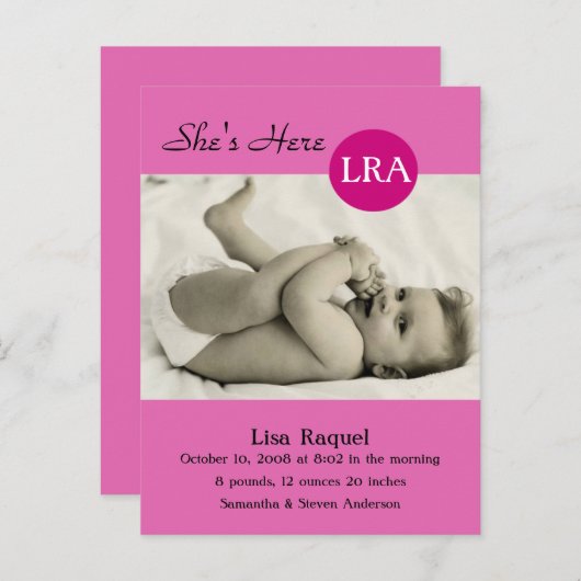 Retro Dot Foto Geboorte Aankondiging (roze) (Voorkant / Achterkant)