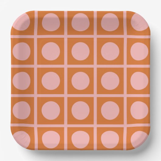 Retro Dot Grid Roze en Oranje Patroon Papieren Bordje (Voorkant)