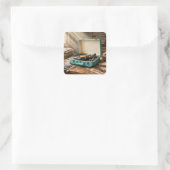 Retro Draagbare Platenspeler Vierkante Sticker (Tas)