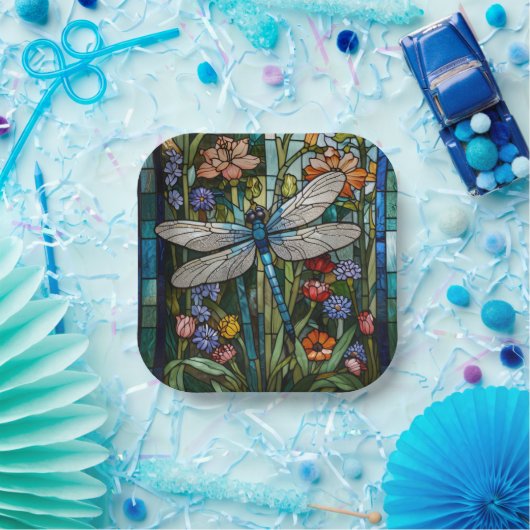 Retro Dragonfly boho bloemen botanische vlek glas Papieren Bordje (Feest)