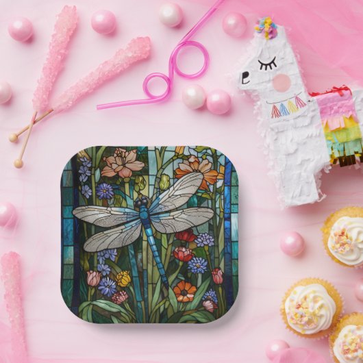 Retro Dragonfly boho bloemen botanische vlek glas Papieren Bordje (Feest)