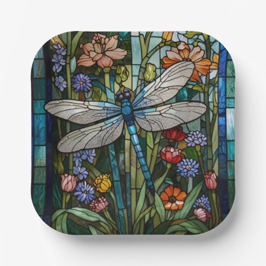 Retro Dragonfly boho bloemen botanische vlek glas Papieren Bordje (Voorkant)