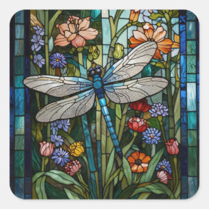 Retro Dragonfly boho bloemen botanische vlek glas Vierkante Sticker