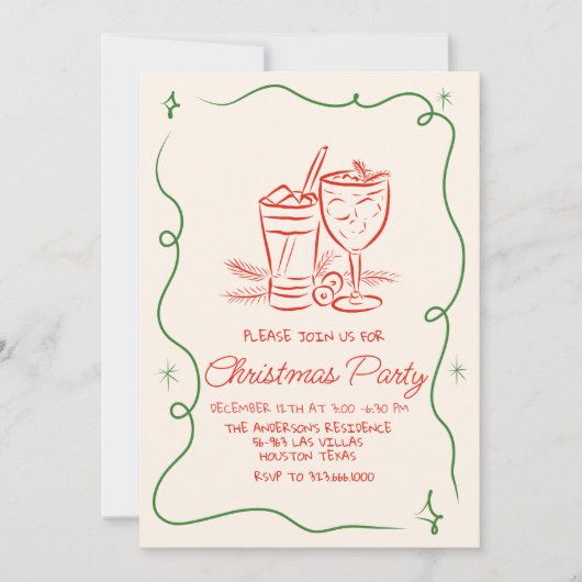 Retro Drawn Green Red Christmas Cocktail Fun Party Kaart (Voorkant)
