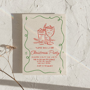 Retro Drawn Green Red Christmas Cocktail Fun Party Kaart