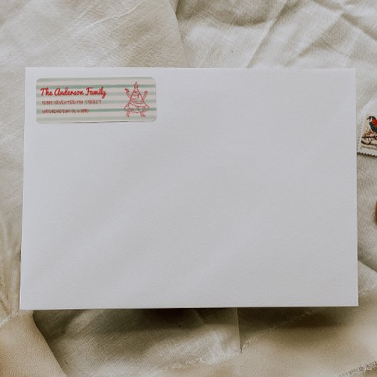 Retro Drawn Green Red Funny Christmas Tree Address Etiket