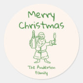 Retro Drawn Green Santa Claus Merry Christmas Ronde Sticker (Voorkant)
