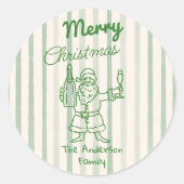 Retro Drawn Green Stripes Santa Claus Christmas Ronde Sticker (Voorkant)