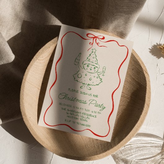 Retro Drawn Groene Rode Kerst Fun Tree Party Kaart