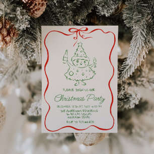 Retro Drawn Groene Rode Kerst Fun Tree Party Kaart