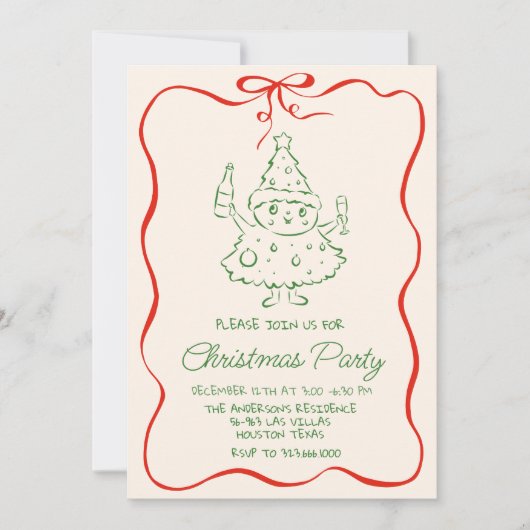 Retro Drawn Groene Rode Kerst Fun Tree Party Kaart (Voorkant)