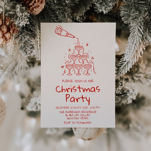 Retro Drawn Rode Champagne Toren Kerstfeest Kaart