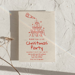 Retro Drawn Rode Champagne Toren Kerstfeest Kaart