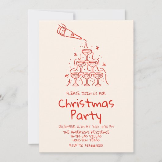 Retro Drawn Rode Champagne Toren Kerstfeest Kaart (Voorkant)