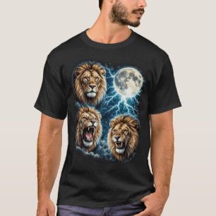 Retro Drie Leeuw Maan Bliksem Brullende Wilde Dier T-shirt