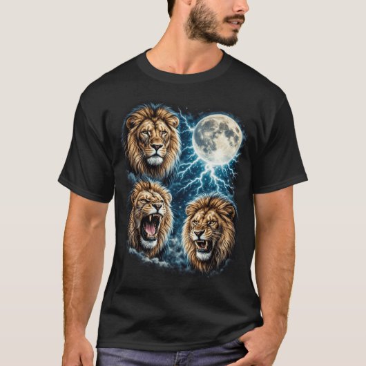 Retro Drie Leeuw Maan Bliksem Brullende Wilde Dier T-shirt (Voorkant)
