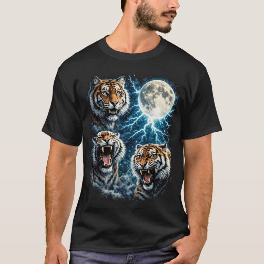 Retro Drie Tijger Maan Bliksem Brullende Wilde Die T-shirt (Voorkant)