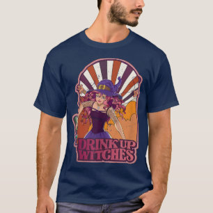 Retro Drink Up Witches Skeleton Witch Vibes Spooky T-shirt