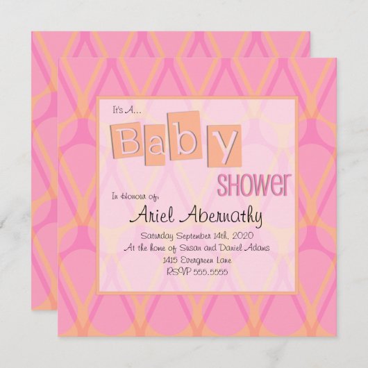 Retro Drop Baby Shower Invitaties - Roze en Oranje Kaart (Voorkant / Achterkant)