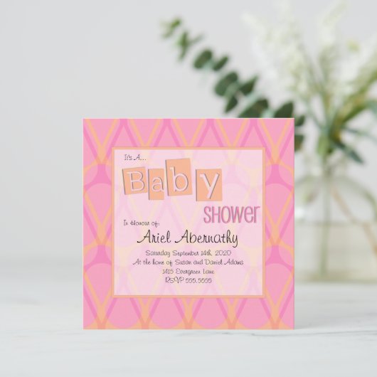 Retro Drop Baby Shower Invitaties - Roze en Oranje Kaart (Staand voorkant)