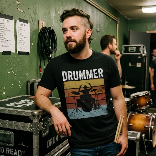 Retro Drummer Sunset Muzikant Drumstel T-shirt