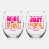 Retro Drunk in Love Bachelorette-weekend Wijnglas Zonder Voet (Voorkant)