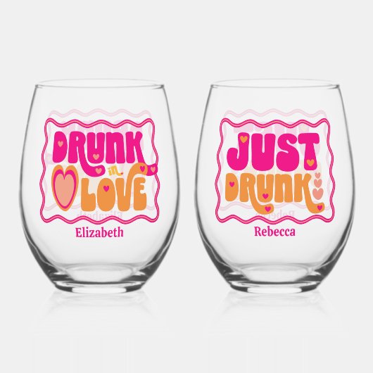 Retro Drunk in Love Bachelorette-weekend Wijnglas Zonder Voet (Voorkant)