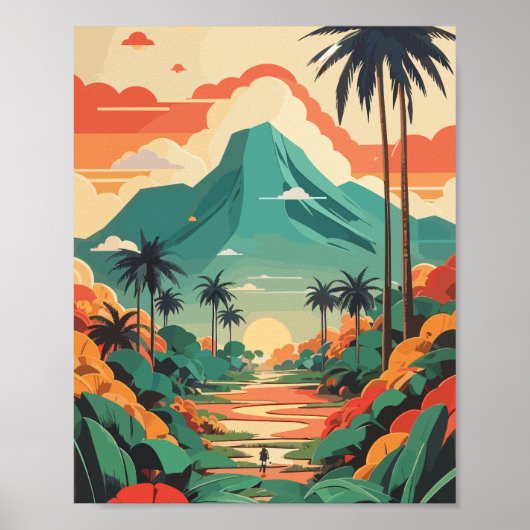 Retro Dschungel Illustration Grün Rot Poster (Voorkant)