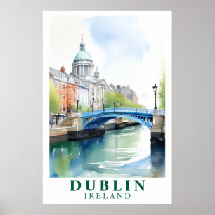 Retro Dublin Ierland Brug Watercolor Kunst Poster