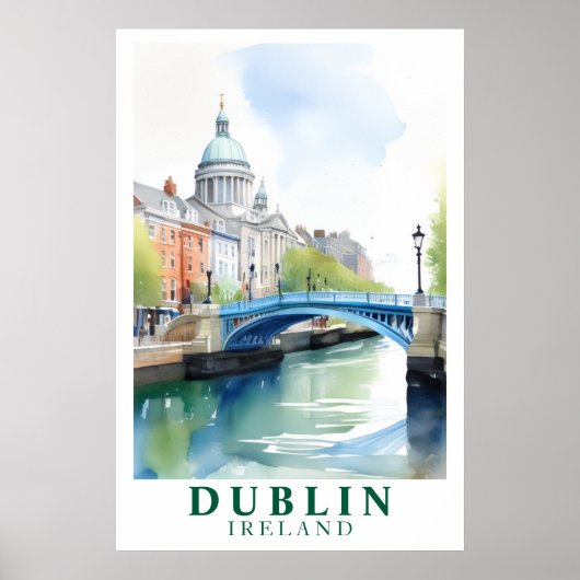 Retro Dublin Ireland Bridge Watercolor Art Poster (Voorkant)
