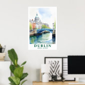 Retro Dublin Ireland Bridge Watercolor Art Poster (Thuiskantoor)