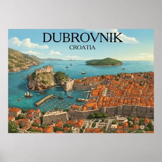 Retro Dubrovnik Adriatic Coast Illustration Travel Poster (Voorkant)