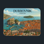 Retro Dubrovnik Croatia Adria Coast Panorama View Magneet<br><div class="desc">Step into the golden age of travel with this exquisite vintage-style illustration of Dubrovnik, Croatia. This vintage style artwork on a magnet captures a stunning aerial view of the iconic Old Town, featuring the terracotta rooftops, the historic Old Port, and the imposing Fort Lovrijenac standing guard over the turquoise Adriatic...</div>
