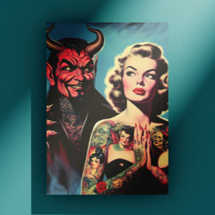 Retro duivelse getatoeëerde pin-up briefkaart
