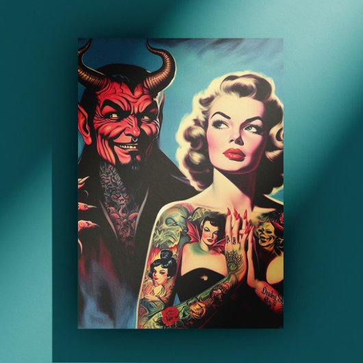 Retro duivelse getatoeëerde pin-up briefkaart