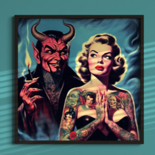 Retro duivelse getatoeëerde pin-up poster