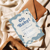 Retro Dusty Blue Checkered Oh Baby Baby Shower Kaart