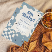 Retro Dusty Blue Checkered Oh Baby Baby Shower Kaart