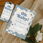 Retro Dusty Blue Checkered Oh Baby Baby Shower Kaart