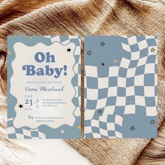 Retro Dusty Blue Checkered Oh Baby Baby Shower Kaart