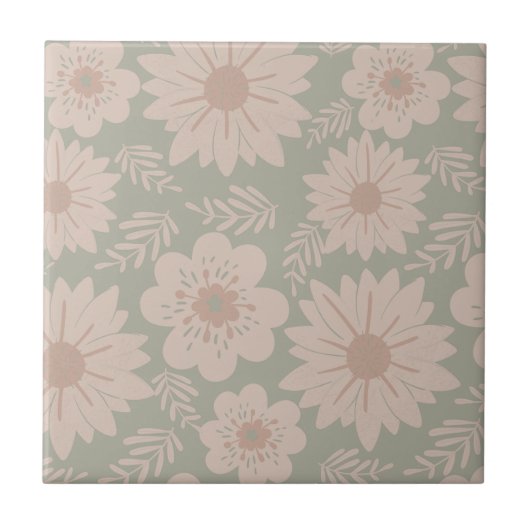Retro Dusty Blue Pink Floral Tegeltje (Voorkant)
