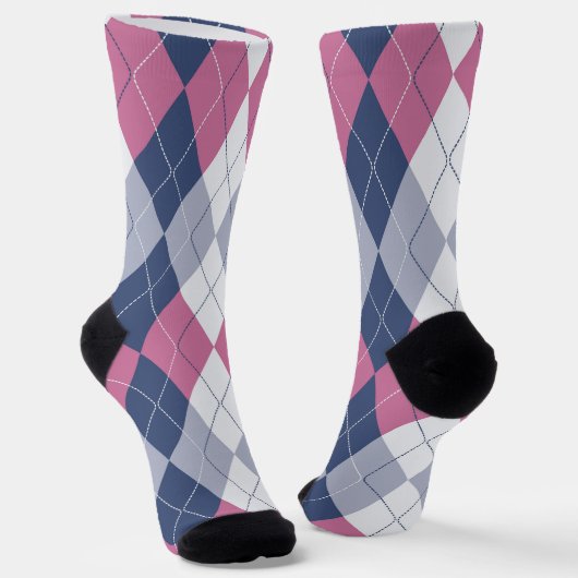 Retro Dusty Pink Slate Blue Navy Preppy Argyle Sokken (Gebogen)