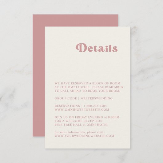 Retro Dusty Roos Wedding Details Enclosure Kaart (Voorkant / Achterkant)