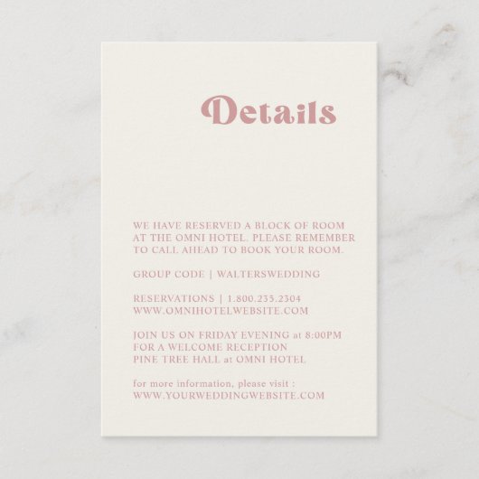 Retro Dusty Roos Wedding Details Enclosure Kaart (Voorkant)