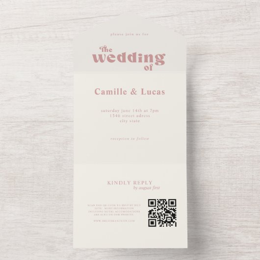 Retro Dusty Rose QR-code All-in-one uitnodiging (Binnen)