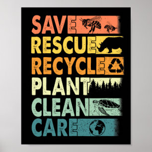 Retro Earth Day Save Bijen Reddingsdieren Recyclen Poster